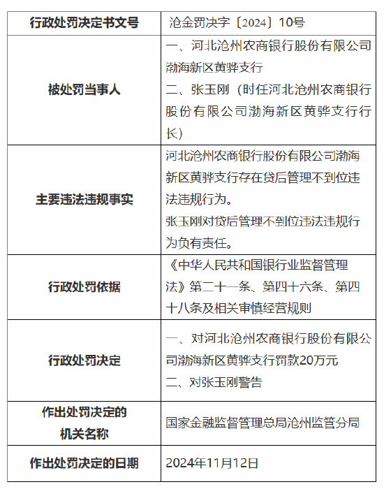 河北沧州农商银行渤海新区黄骅支行被罚20万元：因贷后管理不到位-第1张图片-乐修号