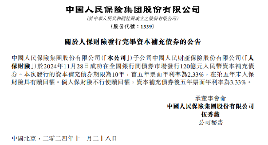 中国人民保险集团：人保财险成功发行120亿元资本补充债券-第1张图片-乐修号