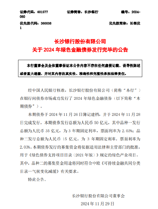 长沙银行：2024年绿色金融债券发行完毕-第1张图片-乐修号