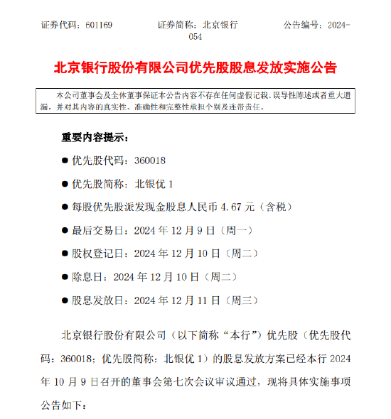 北京银行：发布优先股股息发放实施公告 每股优先股派发现金股息人民币4.67元-第1张图片-乐修号