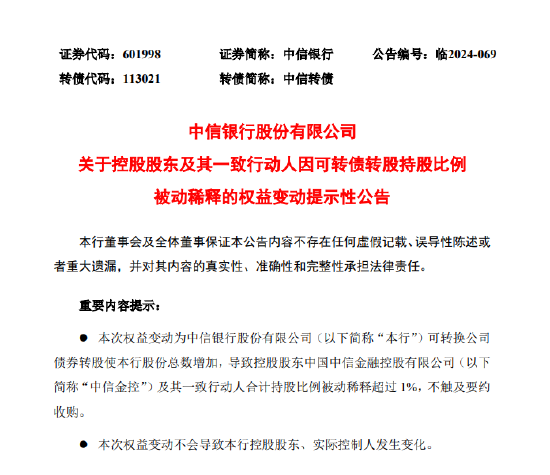 中信银行：控股股东及其一致行动人因可转债转股持股比例被动稀释超1%-第1张图片-乐修号